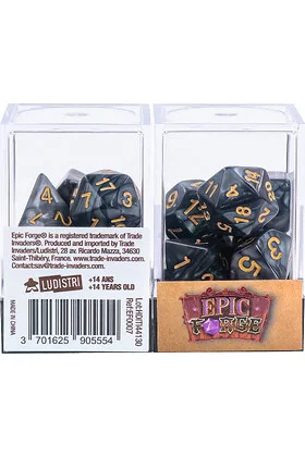 JUEGO DE 7 DADOS MULTIFORMATO EN CAJA NEGRO PERLADO Y DORADO