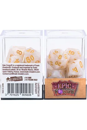 Juego de 7 Dados Multiformato en Caja Blanco Perlado y Dorado