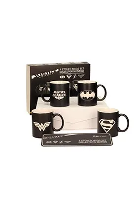 LOGOS JLA SET 4 TAZAS CERÁMICA GRABADO LÁSER DC UNIVERSE